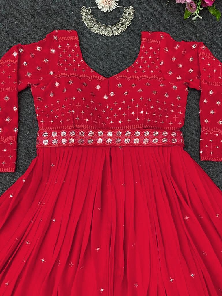 Red georgette thread sequence work gown sharara suit