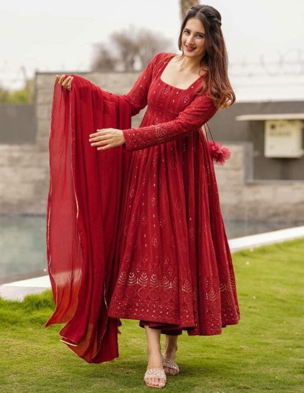 Red georgette thread sequence work party wear anarkali suit