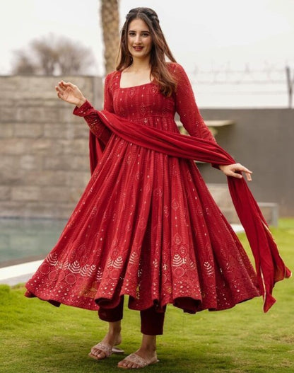 Red georgette thread sequence work party wear anarkali suit