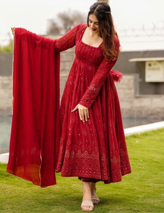 Red georgette thread sequence work party wear anarkali suit