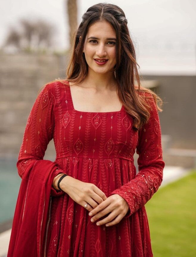 Red georgette thread sequence work party wear anarkali suit