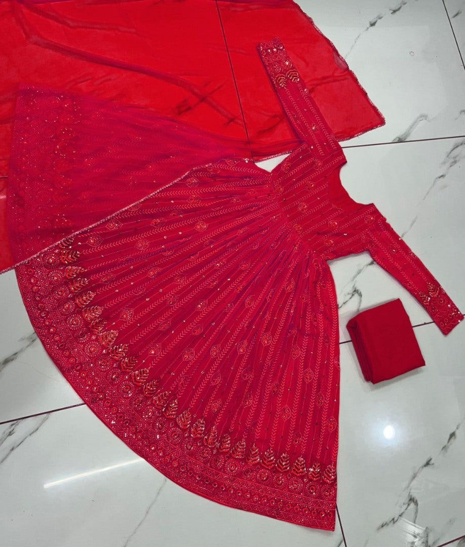 Red georgette thread sequence work party wear anarkali suit