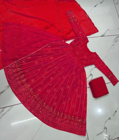 Red georgette thread sequence work party wear anarkali suit