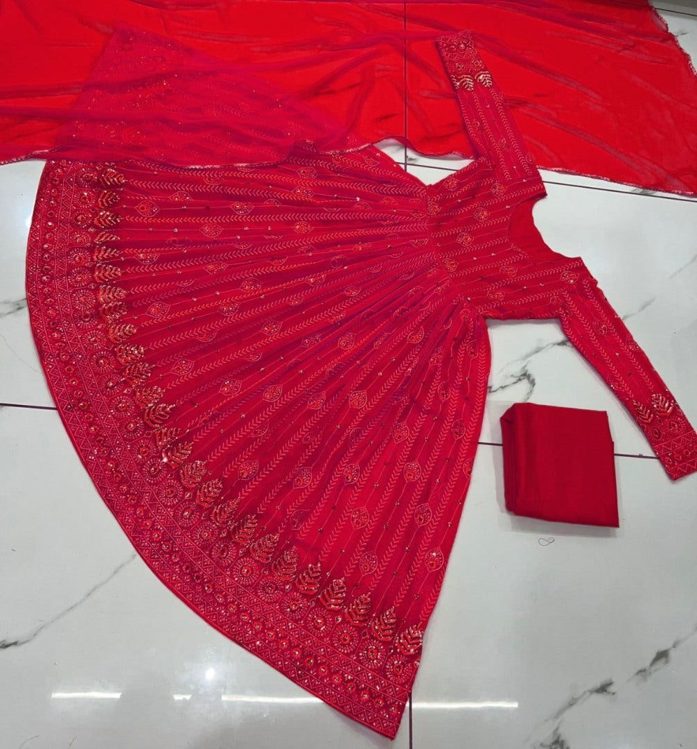 Red georgette thread sequence work party wear anarkali suit