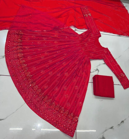 Red georgette thread sequence work party wear anarkali suit