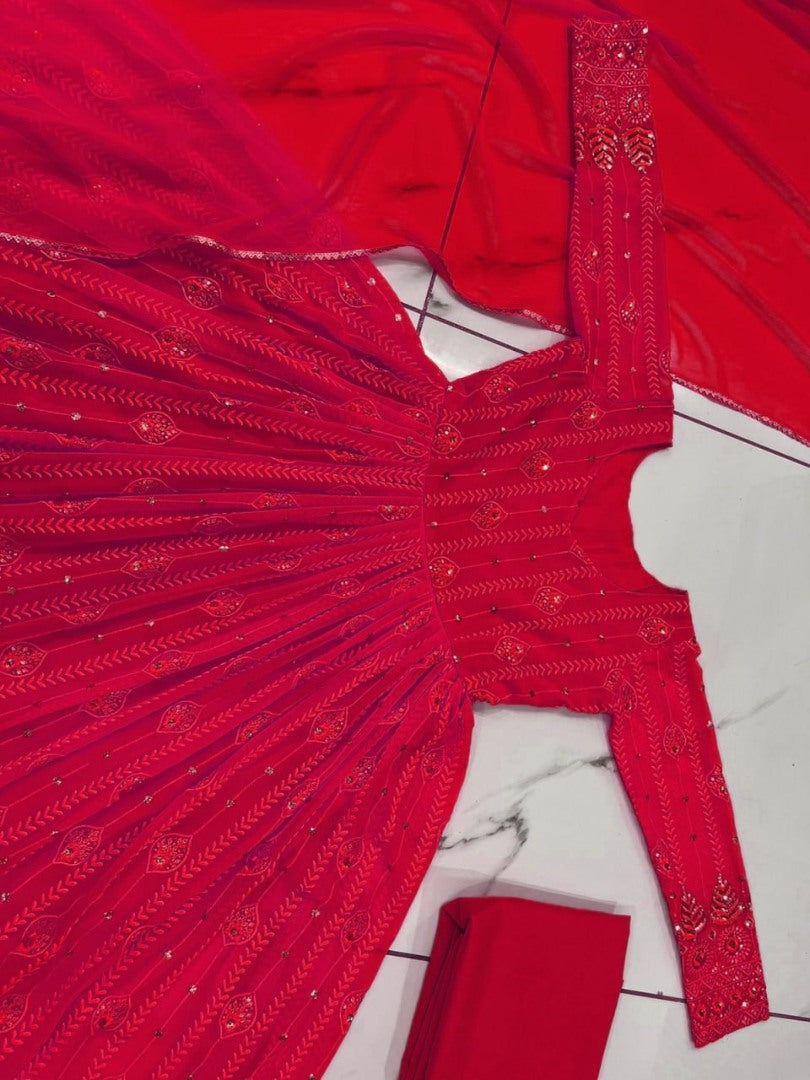 Red georgette thread sequence work party wear anarkali suit