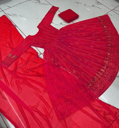 Red georgette thread sequence work party wear anarkali suit