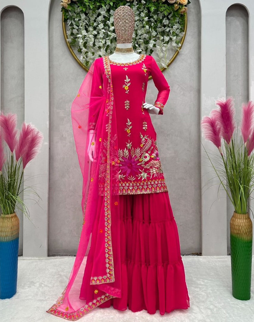 Red georgette thread sequence work wedding sharara suit