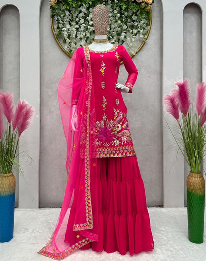 Red georgette thread sequence work wedding sharara suit