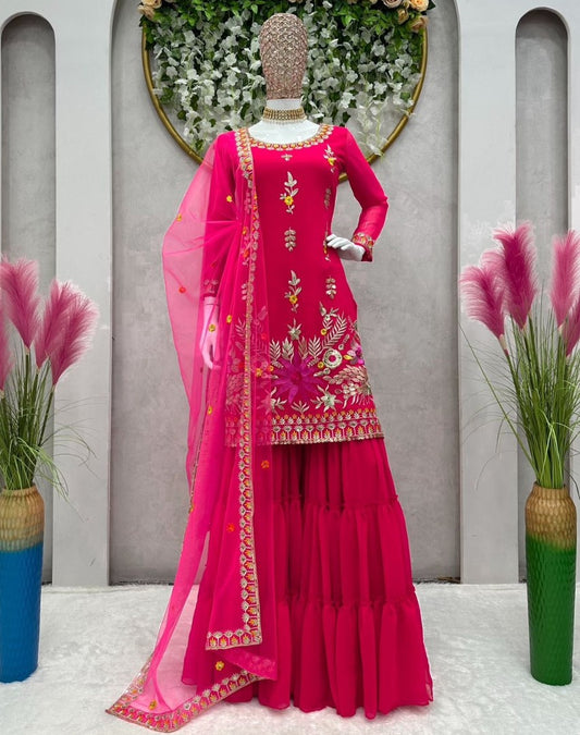 Red georgette thread sequence work wedding sharara suit