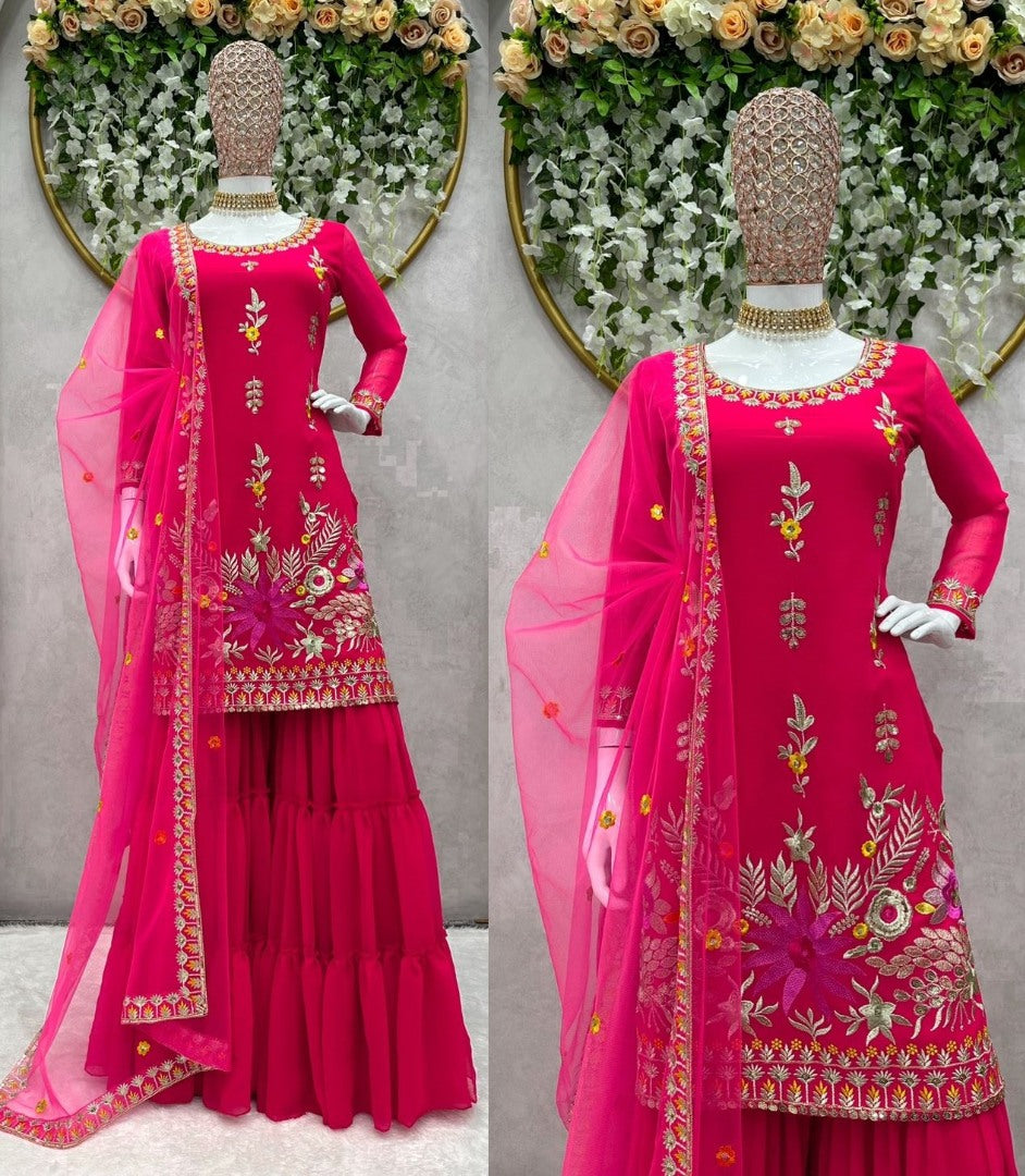 Red georgette thread sequence work wedding sharara suit
