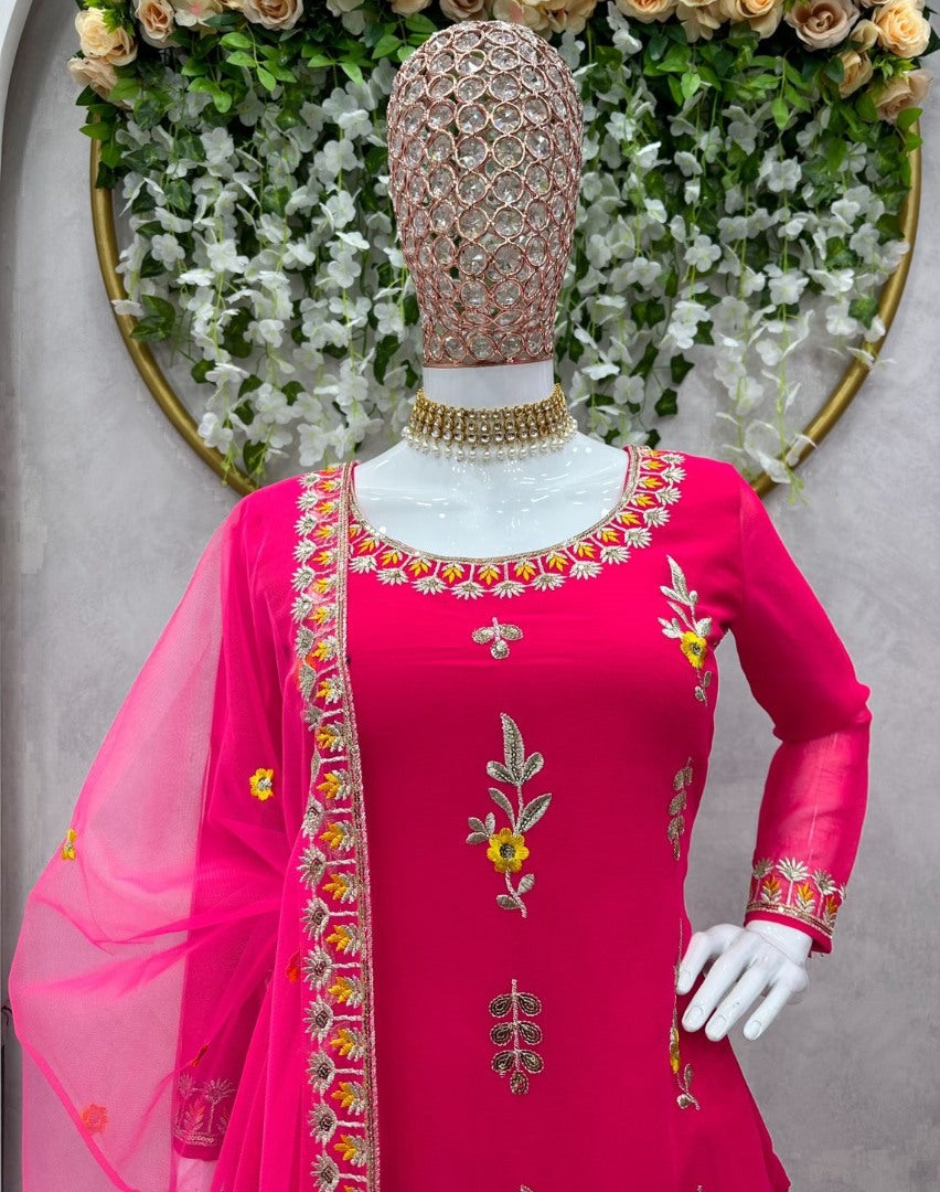 Red georgette thread sequence work wedding sharara suit