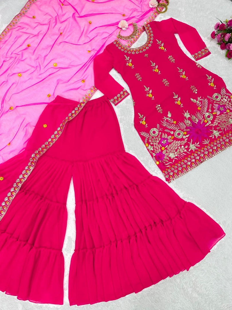 Red georgette thread sequence work wedding sharara suit