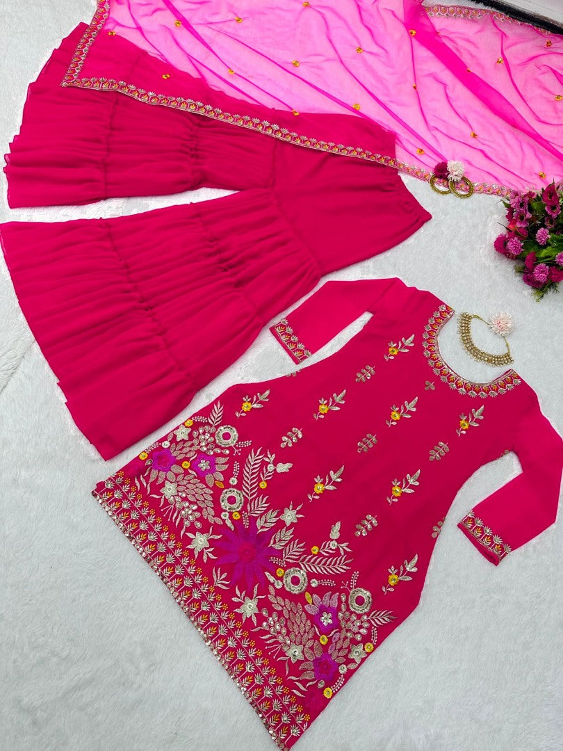 Red georgette thread sequence work wedding sharara suit