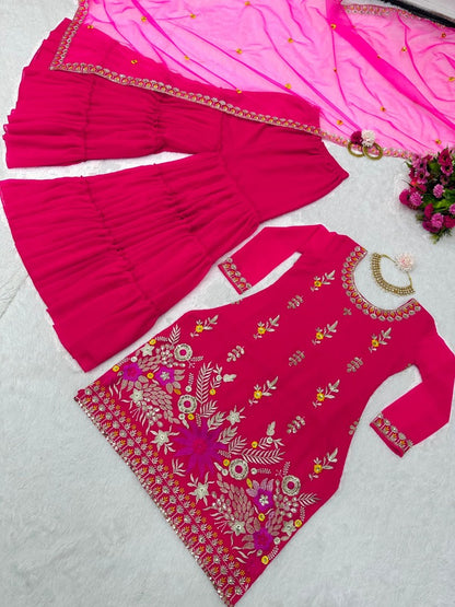 Red georgette thread sequence work wedding sharara suit