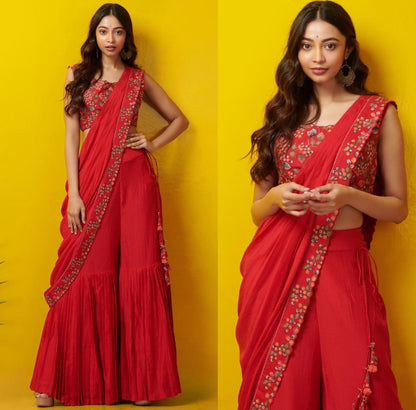 Red georgette thread work flary sharara suit
