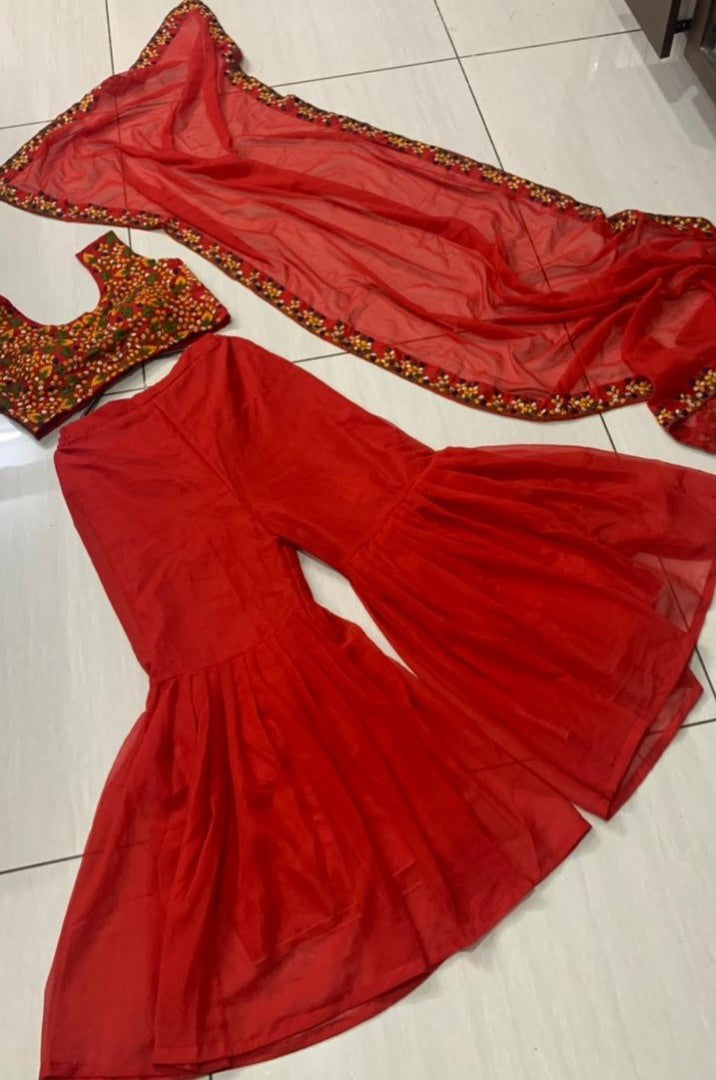 Red georgette thread work flary sharara suit