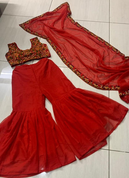 Red georgette thread work flary sharara suit