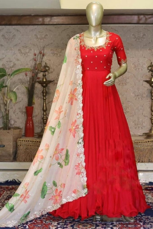 Red georgette unbrella flair long gown with printed dupatta