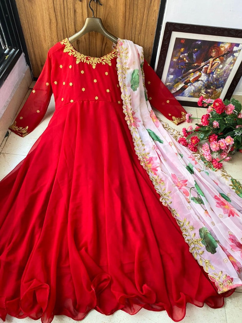 Red georgette unbrella flair long gown with printed dupatta