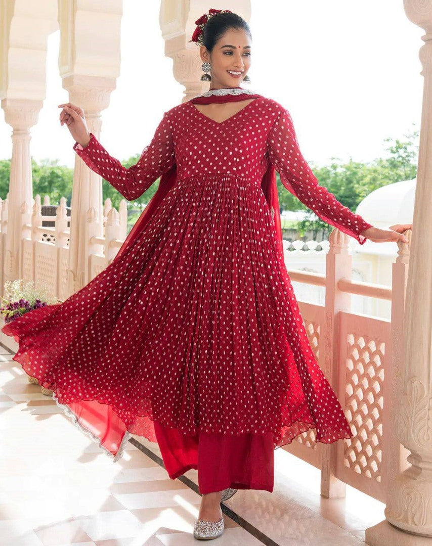 Red georgette white dot printed umbrella flair anarkali suit