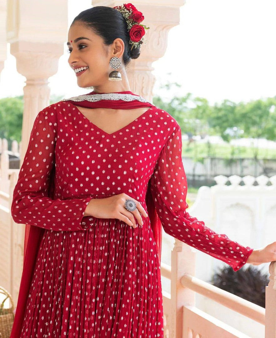 Red georgette white dot printed umbrella flair anarkali suit