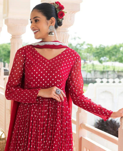 Red georgette white dot printed umbrella flair anarkali suit