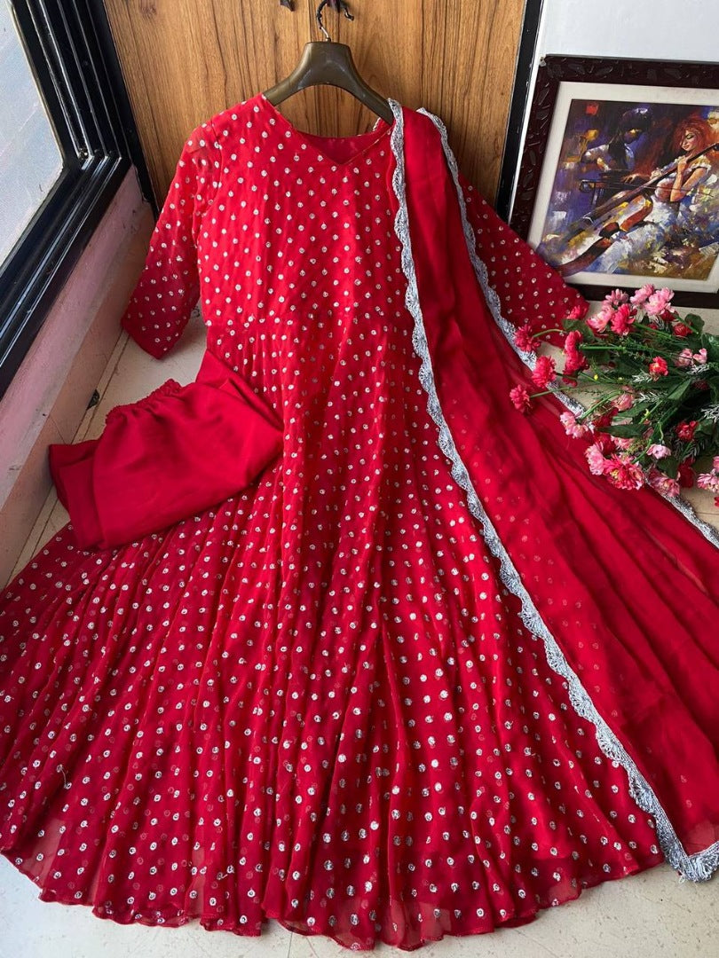 Red georgette white dot printed umbrella flair anarkali suit
