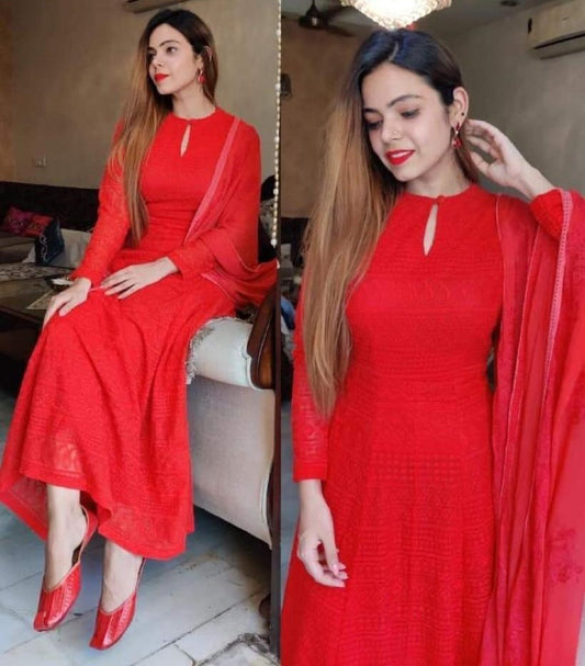 Red georgette with chain stitched work anarkali gown