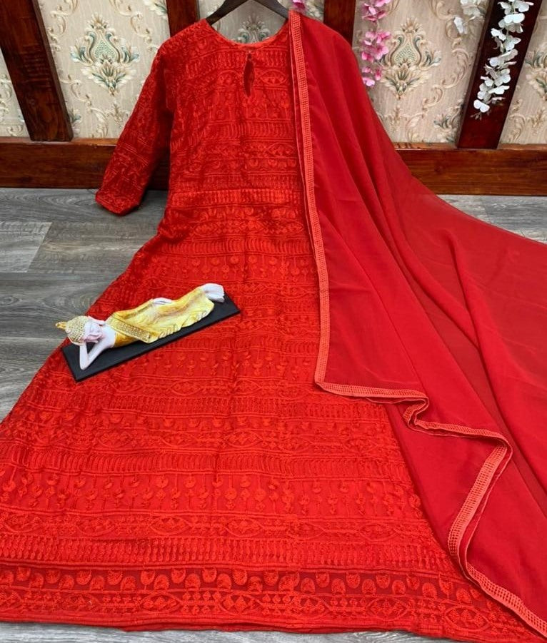 Red georgette with chain stitched work anarkali gown