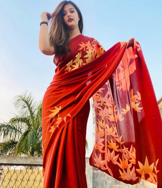 Red georgette with digital printed work saree
