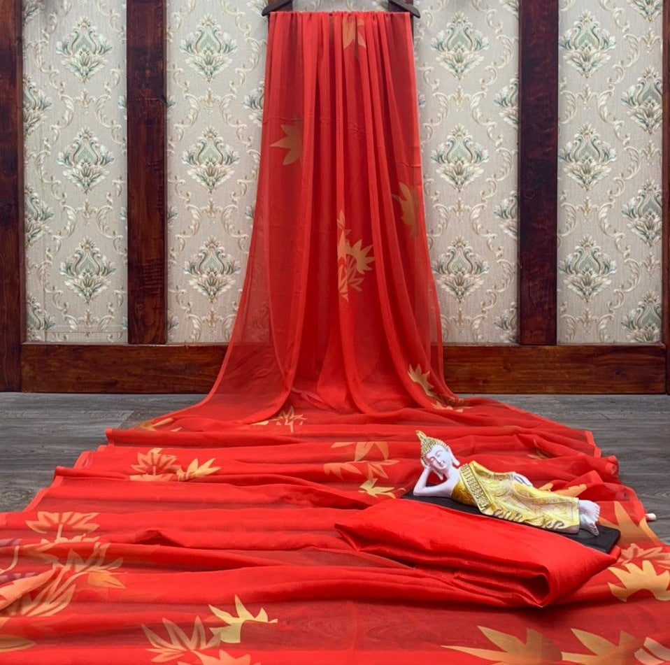 Red georgette with digital printed work saree