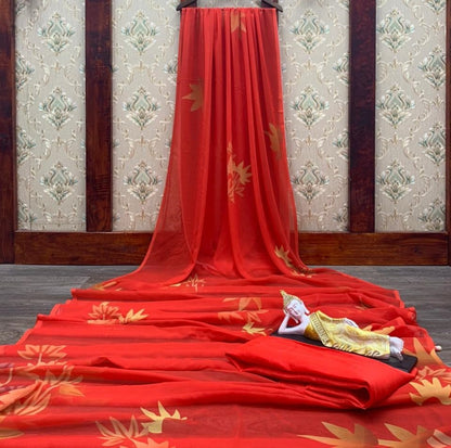 Red georgette with digital printed work saree