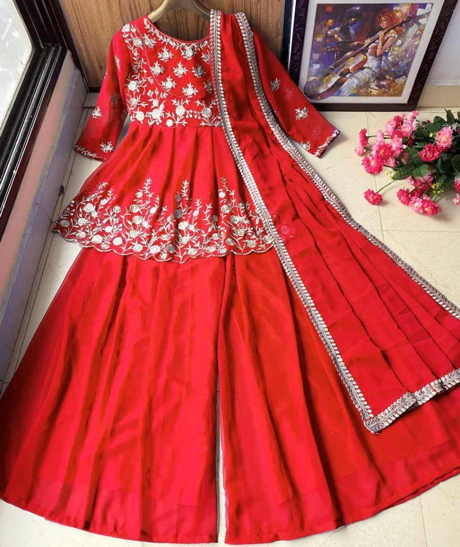 Red georgette zari embroidered work plazzo suit