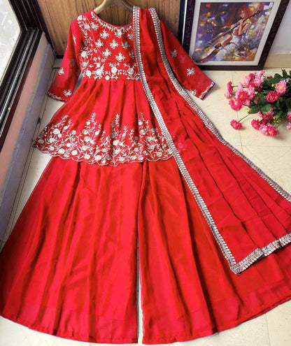 Red georgette zari embroidered work plazzo suit