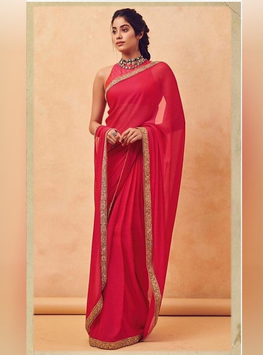Red goergette embroidered border partywear saree