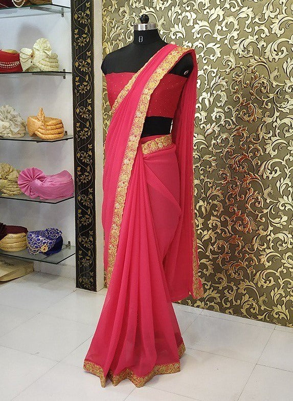 Red goergette embroidered border partywear saree