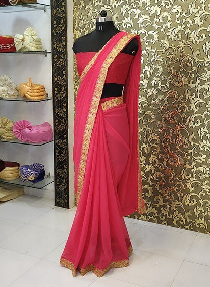 Red goergette embroidered border partywear saree