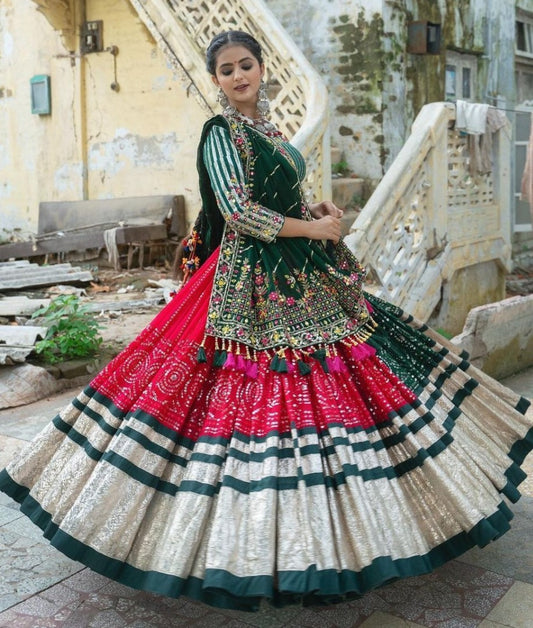 Red green mirror work gujarati garba ghagra navratri lehenga chaniya choli