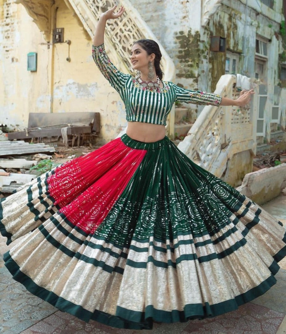 Red green mirror work gujarati garba ghagra navratri lehenga chaniya choli