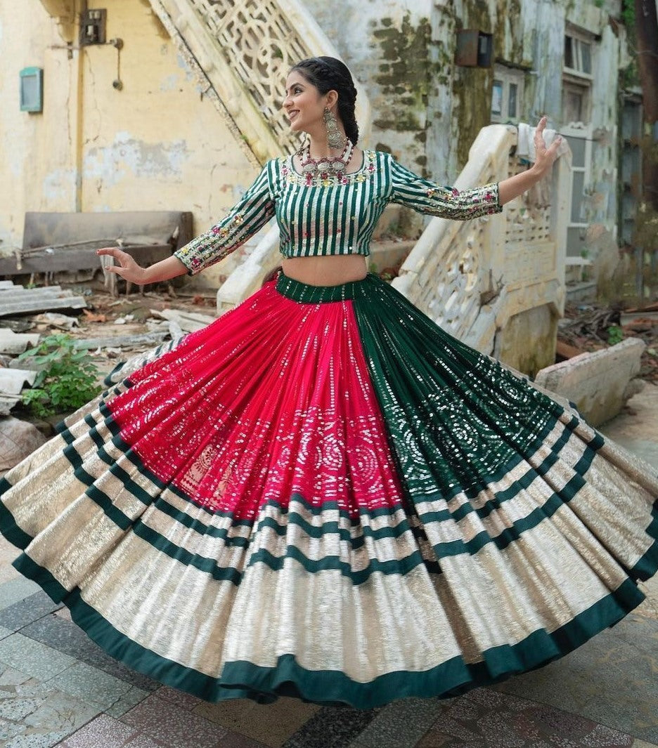Red green mirror work gujarati garba ghagra navratri lehenga chaniya choli