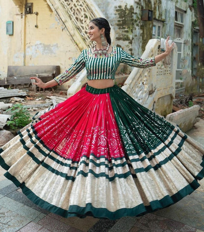Red green mirror work gujarati garba ghagra navratri lehenga chaniya choli