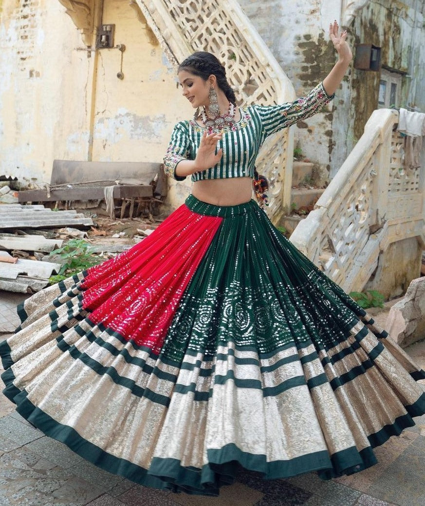 Red green mirror work gujarati garba ghagra navratri lehenga chaniya choli