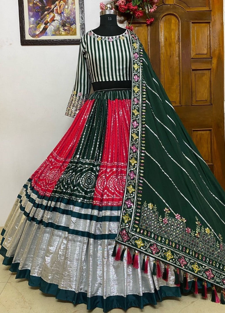 Red green mirror work gujarati garba ghagra navratri lehenga chaniya choli