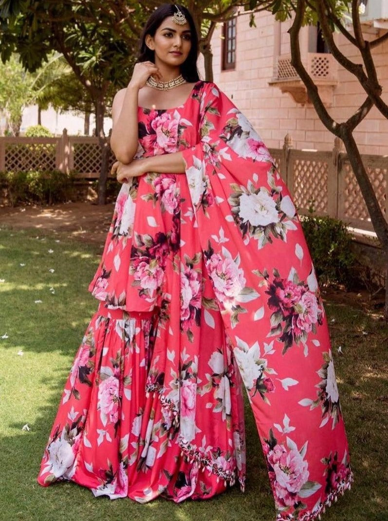 Red heavy american crepe digital printed work sharara suit