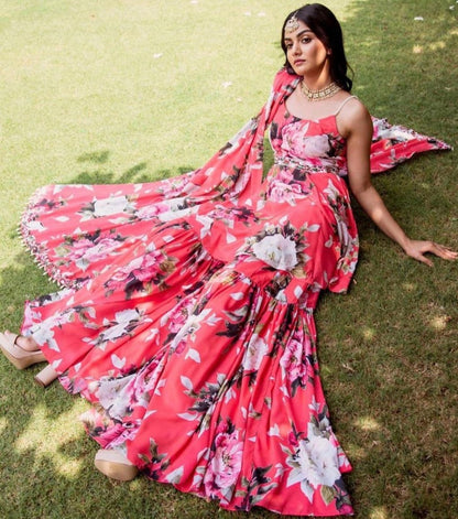 Red heavy american crepe digital printed work sharara suit