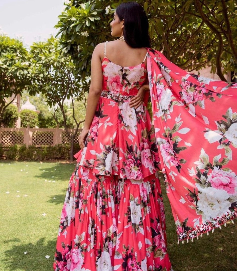 Red heavy american crepe digital printed work sharara suit