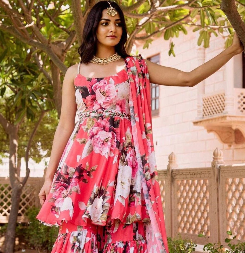 Red heavy american crepe digital printed work sharara suit