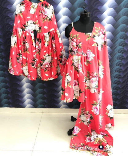 Red heavy american crepe digital printed work sharara suit