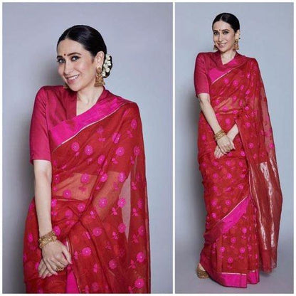 Red heavy chanderi embroidered saree